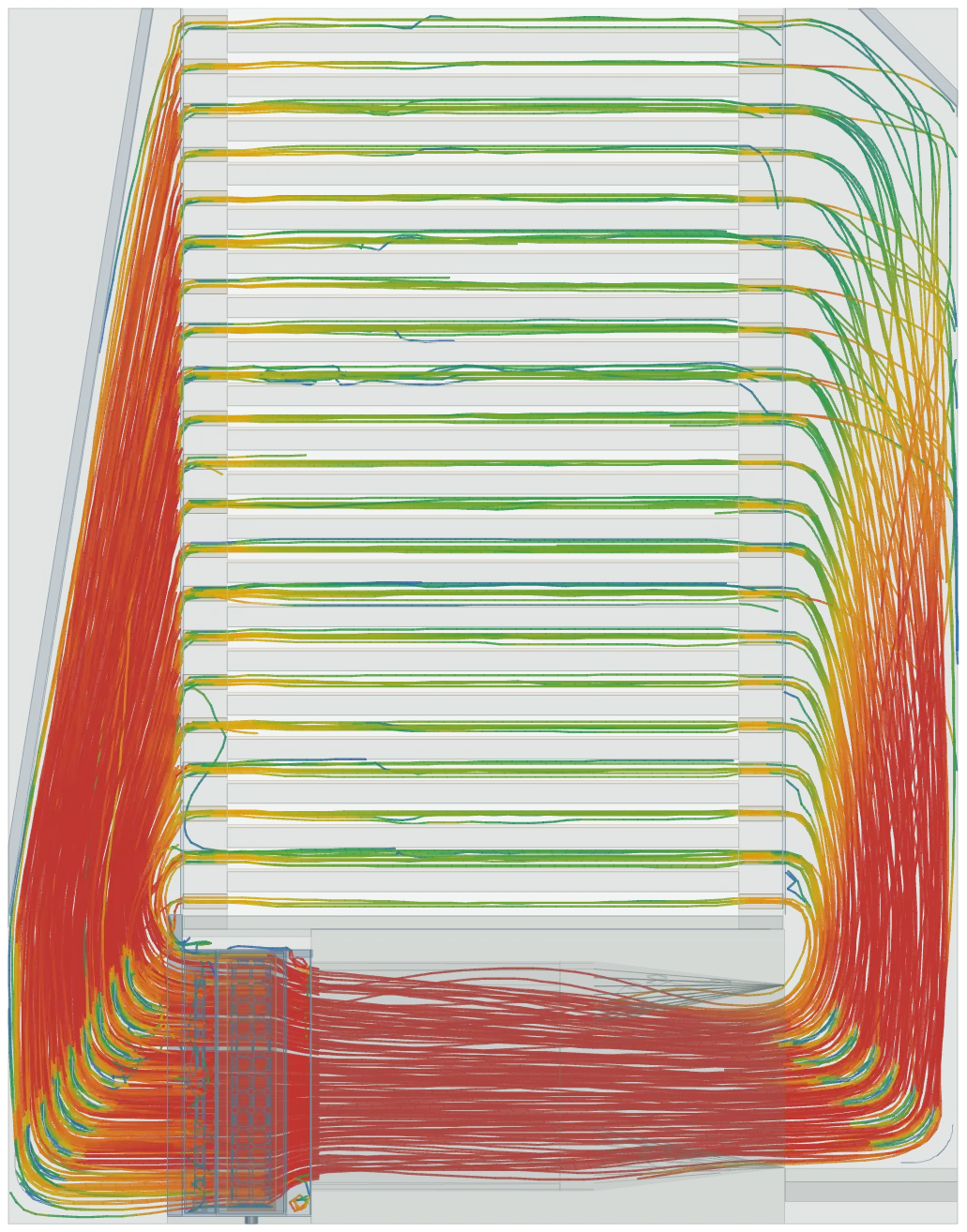 Simulation de l’écoulement de l’air dans le séchoir, vue de face : l’air chaud monte à gauche, traverse les claies à l’horizontale et redescend à droite vers le ventilateur ; les lignes sont colorées selon la vitesse de l’air.