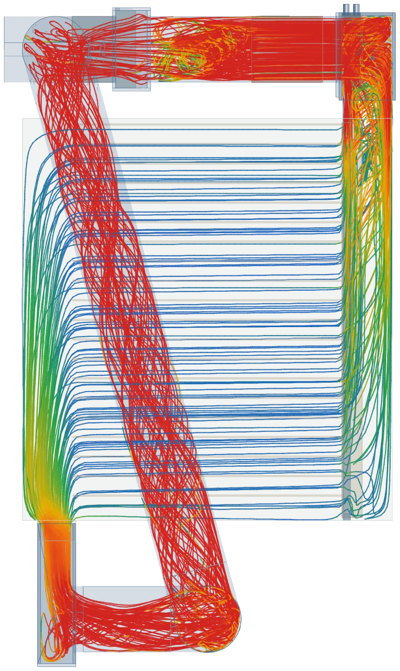Simulation de l’écoulement de l’air dans le prototype, vue de côté, porte à gauche : l’air chaud descend dans la chambre de pression à l’arrière, traverse les claies vers la porte, passe sous le plancher et remonte par le conduit de recyclage vers le ventilateur ; les lignes sont colorées selon la vitesse de l’air.