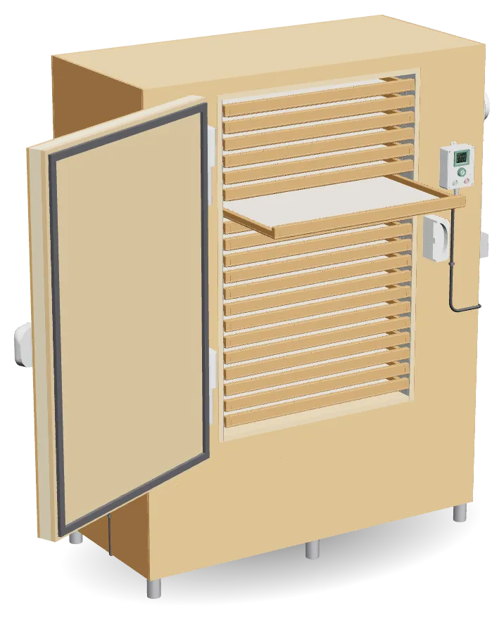 Rendu 3D du séchoir en bois, porte grande ouverte : une claie sortie de la pile, le coffret de commande sur la façade.